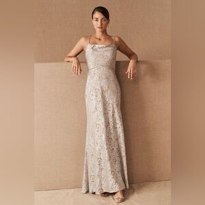 Anthropologie Jenny Yoo Dahlia Dress Elegant Lace Maxi Dress in Silver-Taupe